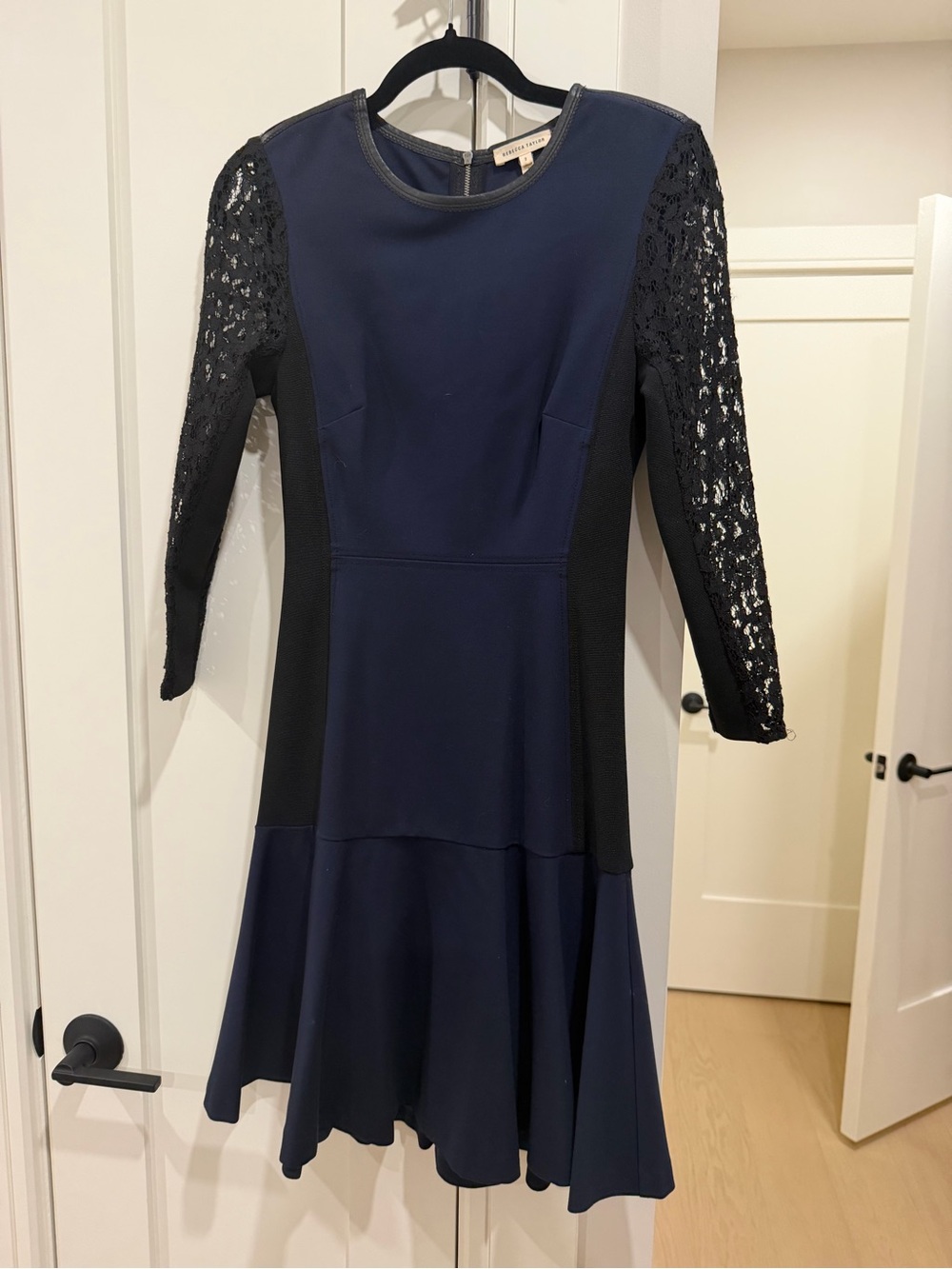Navy and Black Lace-Sleeve Fit & Flare Dress